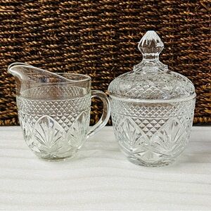 Vintage Anchor Hocking Pineapple Pattern Clear Glass Sugar Bowl & Creamer